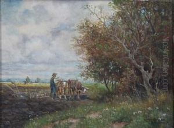 Bauer Mit Pflug Und Ochsengespann Auf Dem Acker Oil Painting by Karl Rohrhirsch