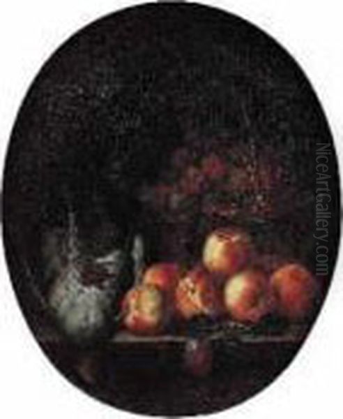 Nature Morte Au Panier De Prunes, Peches Et Canard Sur Un Entablement Oil Painting by Henri-Horace Roland de la Porte