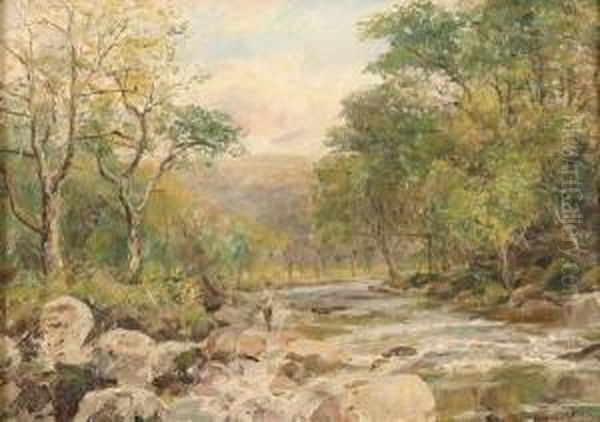 Woodland Scene With Fisherman Oil Painting by Henry Rollet