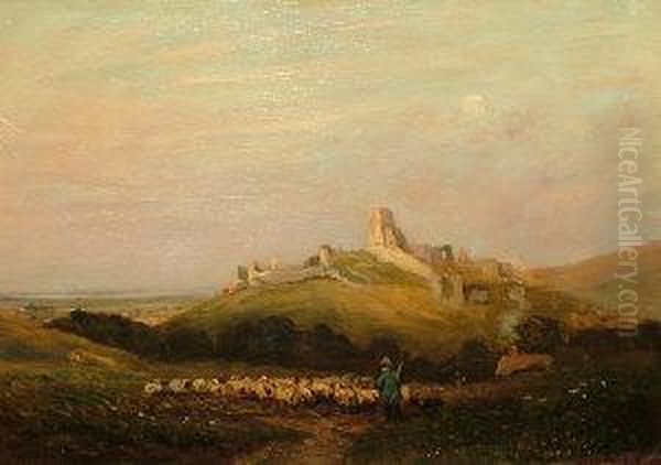 Shepherd And His Flock With Corfe Castle Beyond Oil Painting by Vivian Rolt