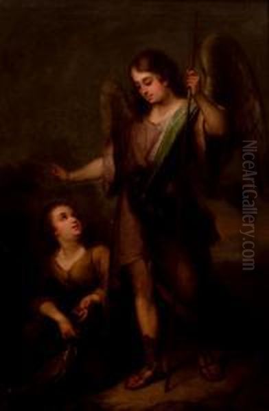 Arcangel Rafael Con Tobias Oil Painting by Jose Maria Romero Lopez