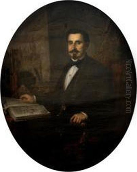 Retrato De Abogado Con Sevilla Al Fondo Oil Painting by Jose Maria Romero Lopez
