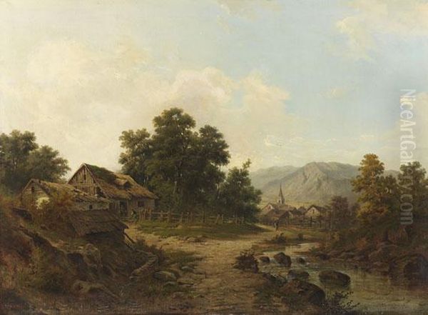 Vorgebirgslandschaft Mit Gehoften Am Fluss Oil Painting by Karl Julius Rose