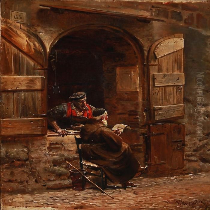 The Friar Reads A Letter For The Blacksmidt Oil Painting by Vilhelm J. Rosenstand