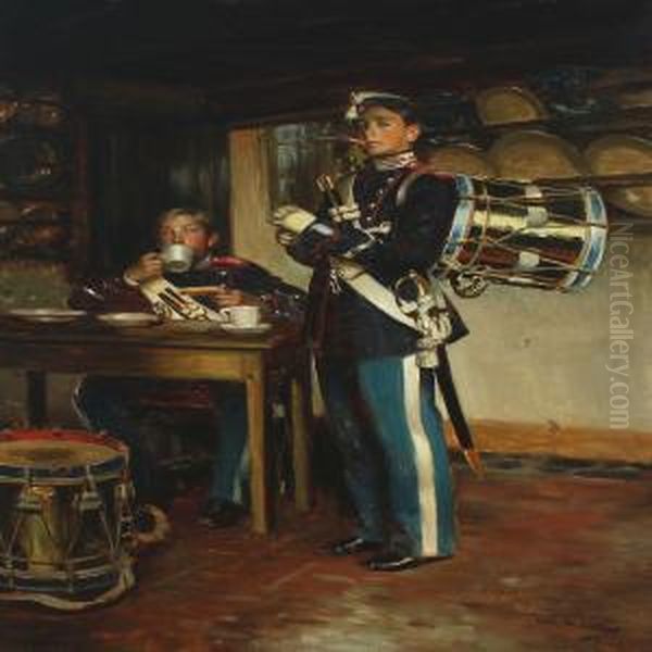 Two Drummer Boys Of The Royal Danish Life Guard In The Guardsroom Oil Painting by Vilhelm J. Rosenstand
