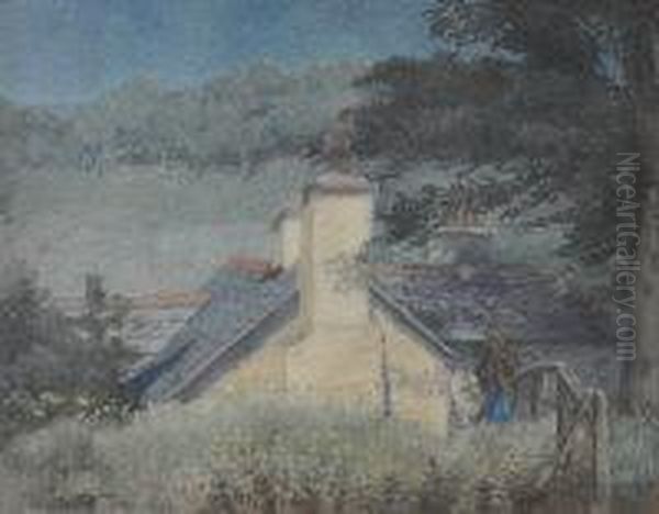 Country Cottage With Standing Girl Figure Oil Painting by Christina Ross