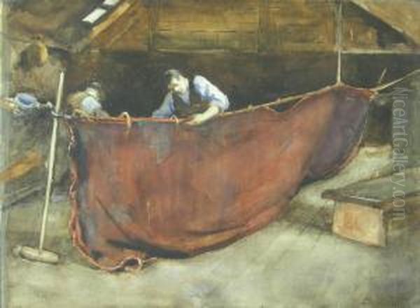 Mending The Nets Oil Painting by Christina Ross
