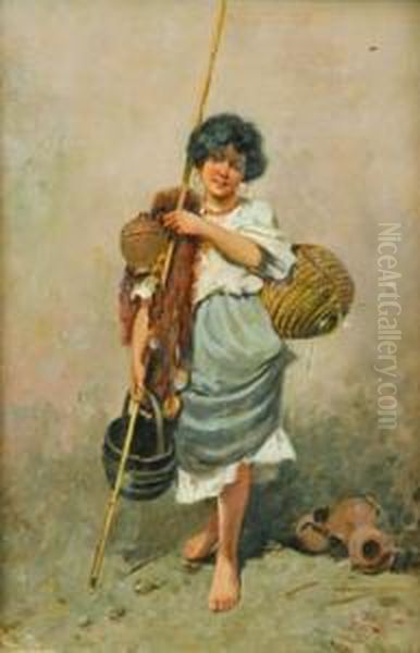 Contadina Con Borraccia E Secchio Oil Painting by Enrico Rossi