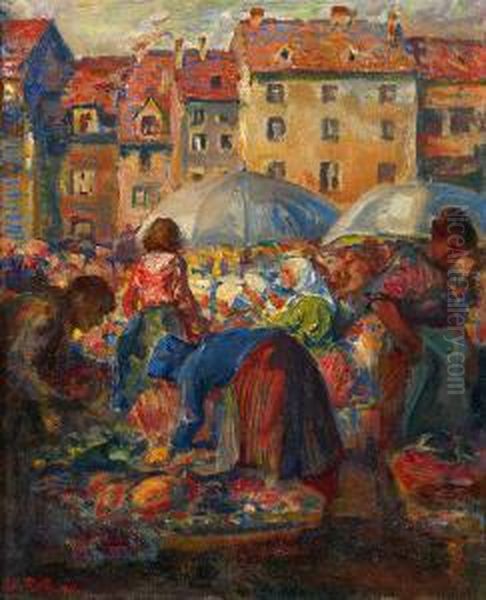Markt In Basel Oil Painting by August Roth
