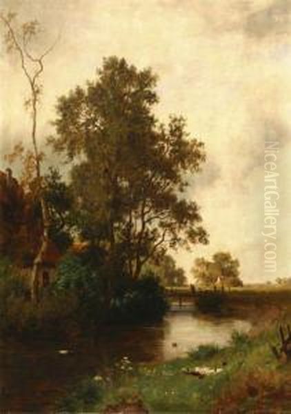 Rural Landscape With Ducks Beside A River Oil Painting by August Roth