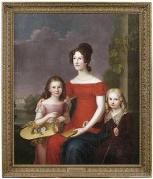 Caroline Friederike Mathilde Duchess Of Wurttemberg Nee Princess Of Waldeck-pyrmont (1801-1823, 
Since 1817 Maried With Duke Eugen Of Wurttemberg) With Her Children At A Balustrade In Front Of A Landscape. Oil Painting by Carl Rothe