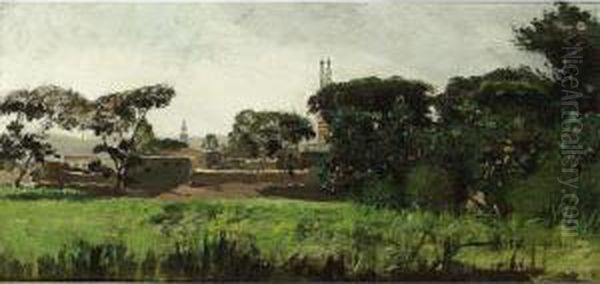 A View Of A Southern Town With Pine Trees Oil Painting by Henri Rouart