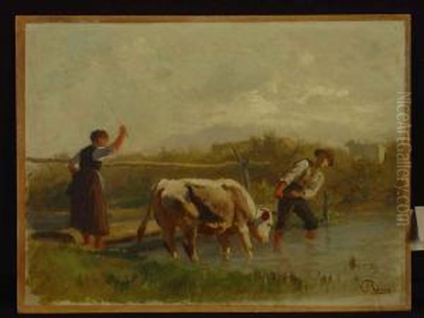 Hirtenpaar Mit Kuhen An Der Fuhrt Oil Painting by Carl Roux