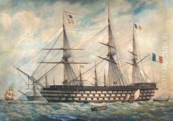 Grand Trois-mats Dans La Baie De Marseille Oil Painting by Francois Geoffroy Roux