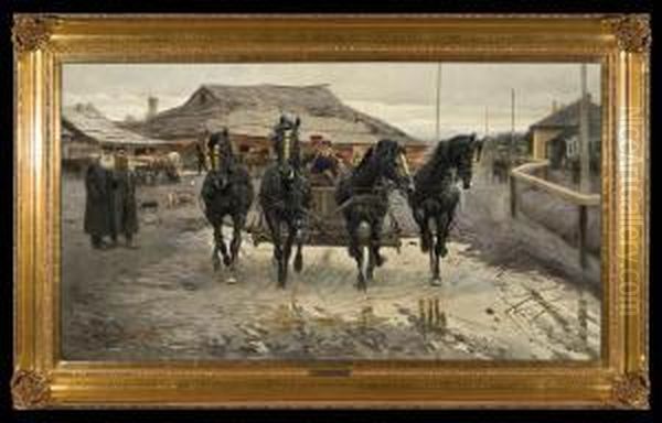 Four Horses Carriage Oil Painting by Zygmunt Rozwadowski