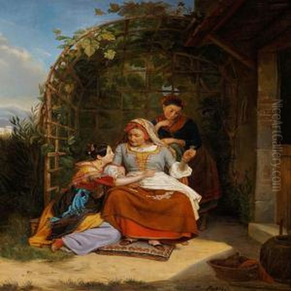Two Young Italian Girls And A Fortune Teller Oil Painting by Louis, Lewis Hubner