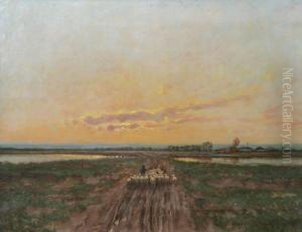 Skymningslandskap Med Far Och Herde Oil Painting by Mark Rubovics