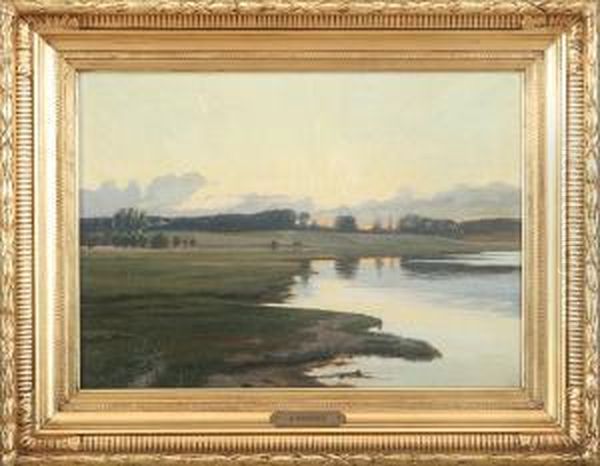 Inlet Landscape With Sunset Oil Painting by Albert Rudinger