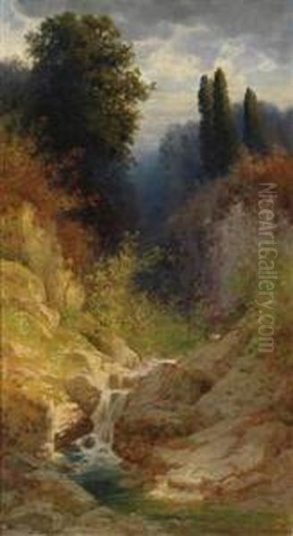 Woodland Landscape With Running Stream Oil Painting by Hermann Rudisuhli