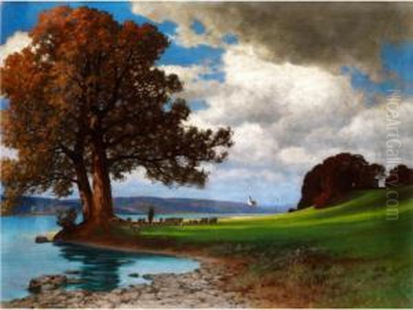 Abendlandschaft Am Fluss Mit Schafer Undschafherde Unter Herbstlicher Eiche Oil Painting by Hermann Rudisuhli