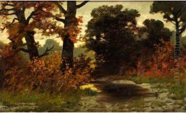 Herbstlich Verfarbte Baume Am Waldrandmit Kleinem Wassertumpel Im Spatlicht Oil Painting by Hermann Rudisuhli
