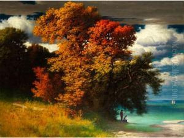 Herbstliche Seeuferlandschaft Mitbewegten Wolken Und Anglern Am Ufer Oil Painting by Hermann Rudisuhli