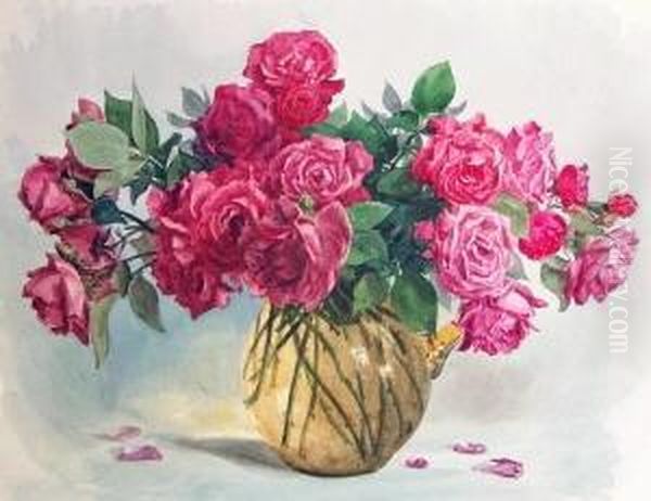 Rote Rosen In Einer Glasvase Oil Painting by Margarete Rudolphi