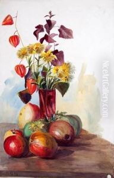 Blumenvase Und Fruchte Oil Painting by Margarete Rudolphi