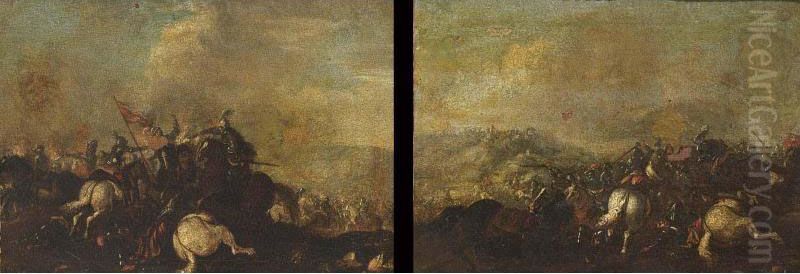 A Cavalry Battle Scene Oil Painting by Philipp Rugendas