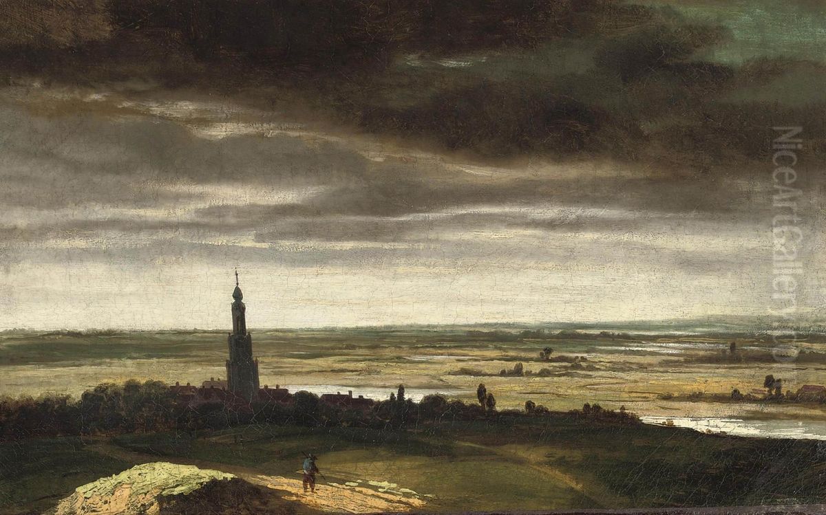 A River Landscape With A View Of A Dutch Town Oil Painting by Jan Ruijscher