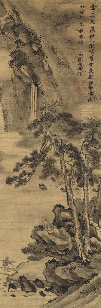 Playing Qin Under The Pine Oil Painting by Zhang Ruitu