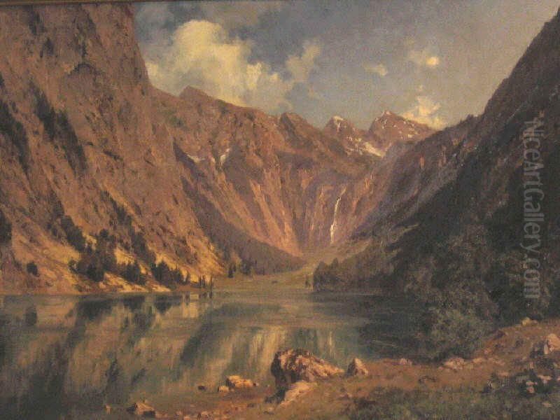 Mountain Valley Lake Scene Oil Painting by Joseph Rummelspacher