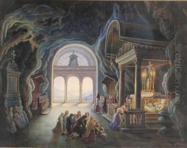 Ansicht Der Rosalien Kapelle Bei Palermo Mit Zahlreichen Betenden Personen Oil Painting by Carl Ludwig Rundt