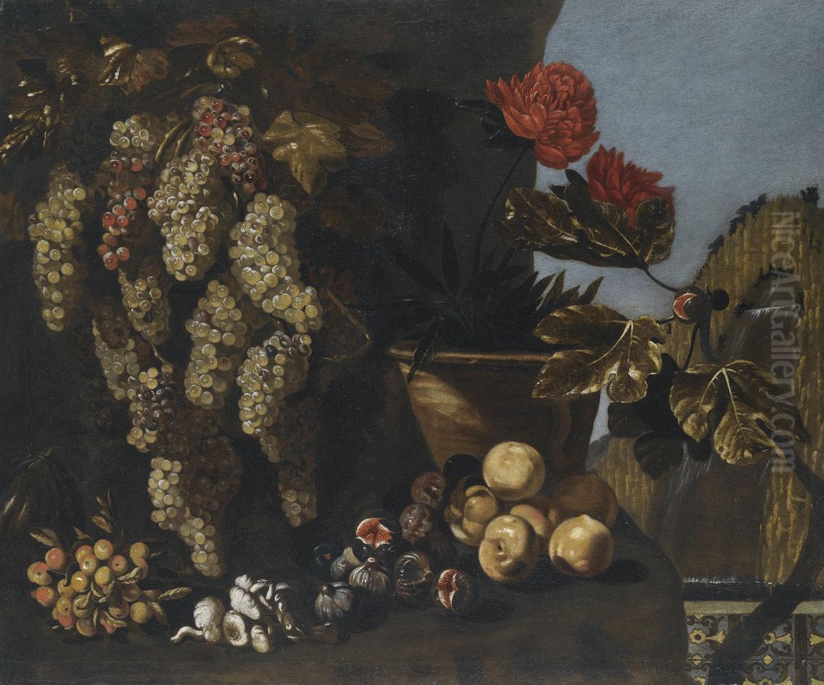 Still Life With Hanging Grapes On The Vine, Figs And Fungi In A Garden Setting Oil Painting by Giovan Battista Ruoppolo