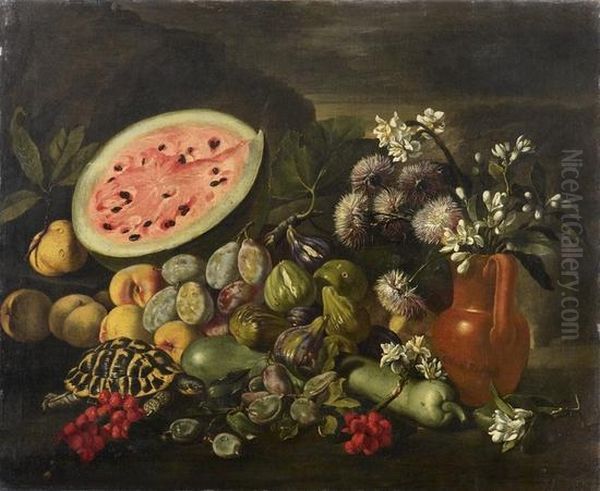 Pesche, Un'anguria Aperta, Una Tartaruga,sorbe, Susine, Fichi, Una Zucca, E Crisantemi E Zagare In Unabrocca Di Terracotta; E Oil Painting by Giovanni Battista Ruoppolo