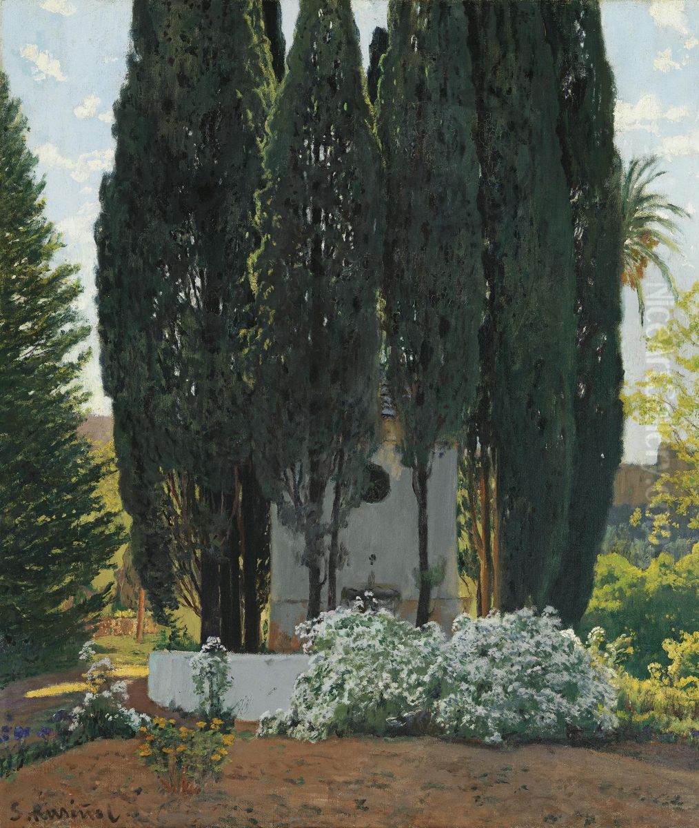 La Fuente De Los Cipreses (the Cypress Fountain) Oil Painting by Santiago Rusinol i Prats