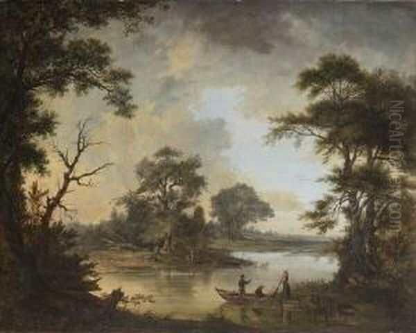 Flusslandschaft Mit Anglern. Oil Painting by Franciszek Ruskiewicz