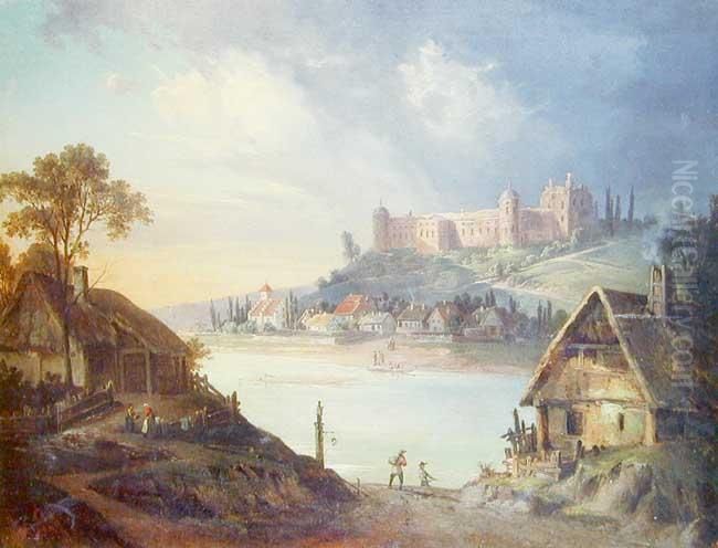 Pejzaz Z Zamkiem I Rzeka Oil Painting by Franciszek Ruskiewicz