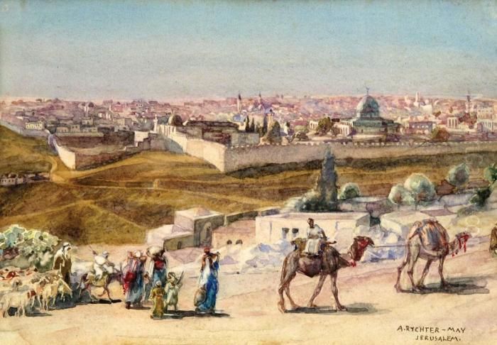 Jerusalem Landscape With Caravan Of Camels Oil Painting by Anna Rychter-May