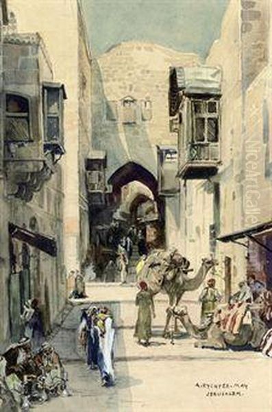 Street Scene In Jerusalem Oil Painting by Anna Rychter-May