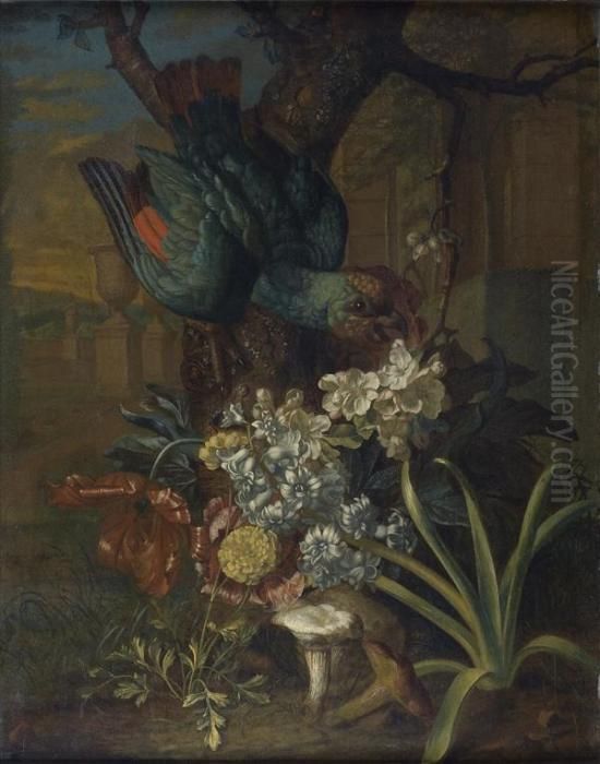 Perroquet Dominant Un Massif De Fleurs Et Champignon Au Pied D'unArbre Oil Painting by Pieter Andreas Rysbrack