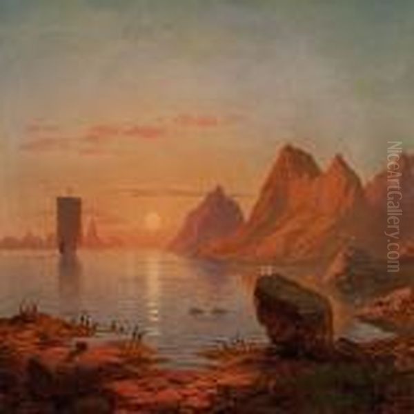 View Of A Scandinavian Coast With A Sailing Ship In The Sunset Oil Painting by Georg-Eduard Otto Saal