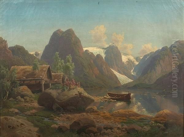 An Alpine Landscape Oil Painting by Georg-Eduard Otto Saal