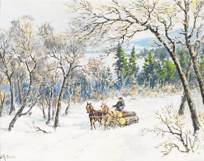 Hauling Logs Oil Painting by William Harvey Sadd