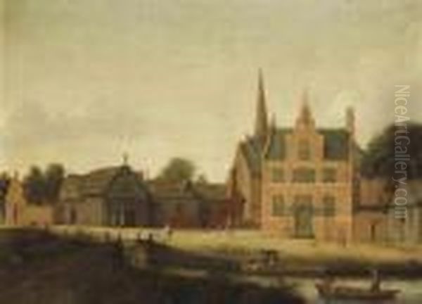 A Canal-side Town With Figures In A Boat Oil Painting by Pieter Jansz Saenredam