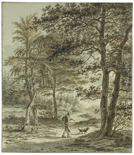 A Wood Cutter With His Dog On A Path In A Wood Oil Painting by Johan Christiaan W. Safft