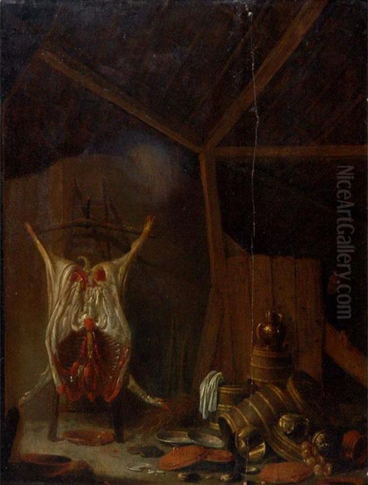 Barn Interior With Metalware And Crockery Oil Painting by Cornelis Saftleven