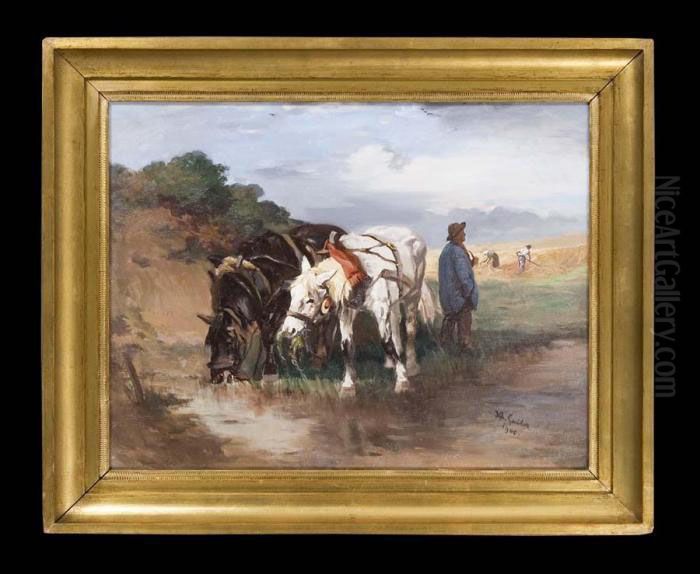 Pferde An Der Tranke Oil Painting by Josef Andreas Sailer