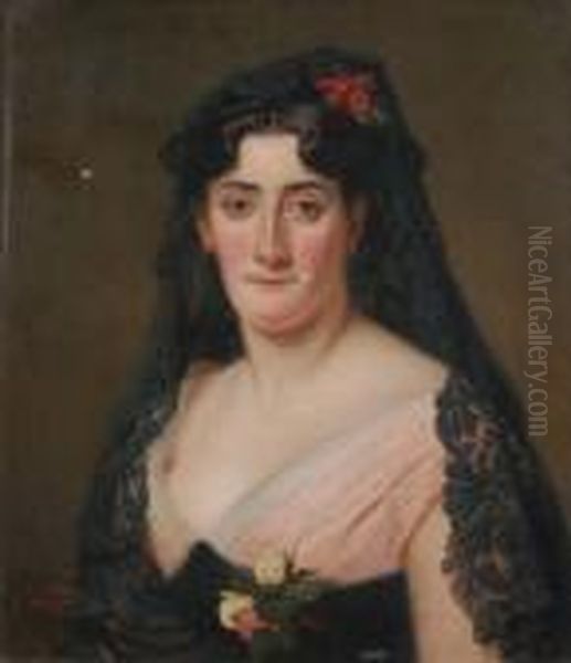 Ritratto Di Spagnola Con Mantilla Oil Painting by Agustin Salinas Y Teruel