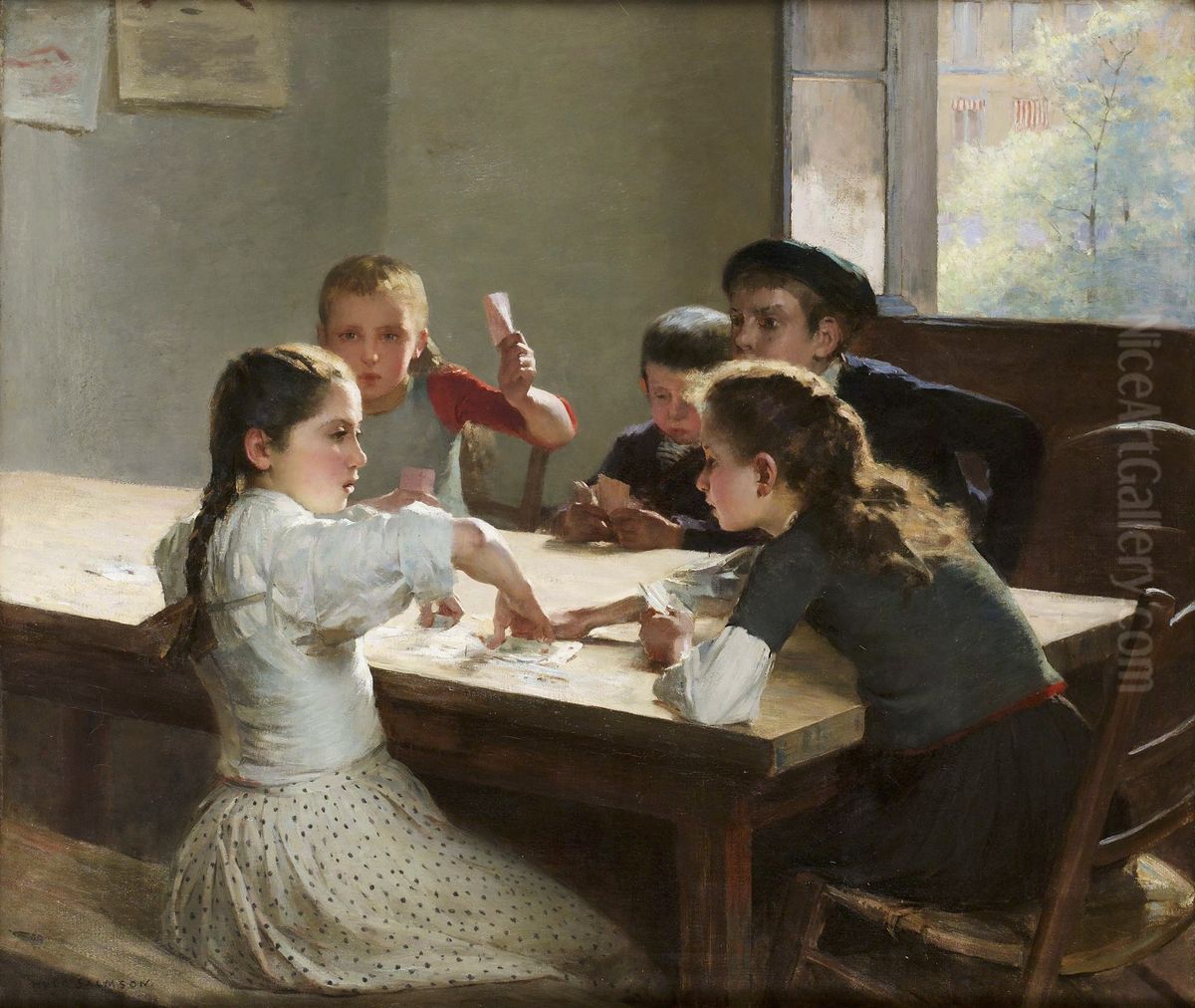 Interior Med Kortspelande Barn Oil Painting by Hugo Salmson